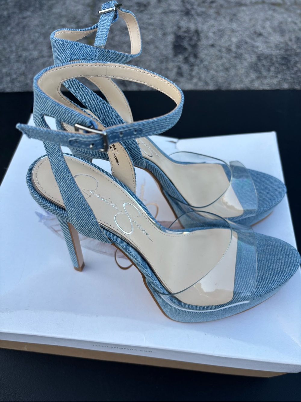 Jessica Simpson Light Denim Blue Clear Strap Stiletto Sandals